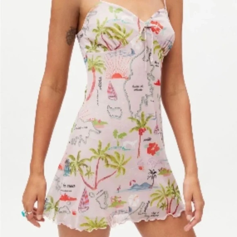 Urban Outfitters Elodie Printed Mesh Mini Dress Holiday Islands Print Small 90’s